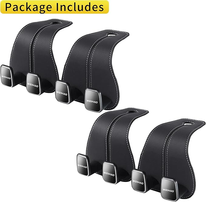 WEIHAO Wide Purse Hook for Car, Twin Hook Leather Car Headrest Hangers, Car Seat Back Storage Hook, Headrest Hooks Purse Bag Holder for Car Universal Fit Sedan Trucks SUVs Most Vehicles (Black-4PCS)