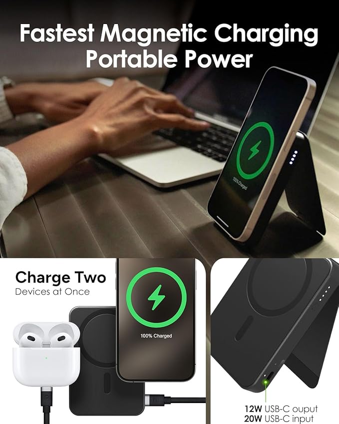 Mophie Snap+ Powerstation Mini with Stand - 5000mAh,15W Qi2 Magnetic Wireless Charger, Portable, Compatible with MagSafe & Qi-Enabled Smartphones, with Kickstand, USB C to USB C Cable Included, Black