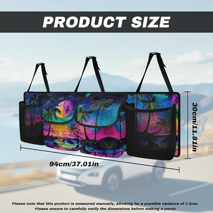 Sunset Car Trunk Organizers,Coconut Tree Colorful Design Backseat Hanging Organizer with 4 Large Storage Bag,Bag with Lids,Road Trip Adjustable Strap Machine Washable