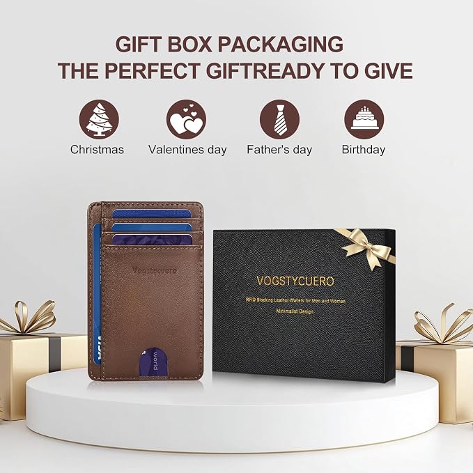 Slim Minimalist Front Pocket Thin Wallet RFID Blocking 100% Genuine Leather Credit Card Holder for men Women, with Gift Box -Grain Leather Brown