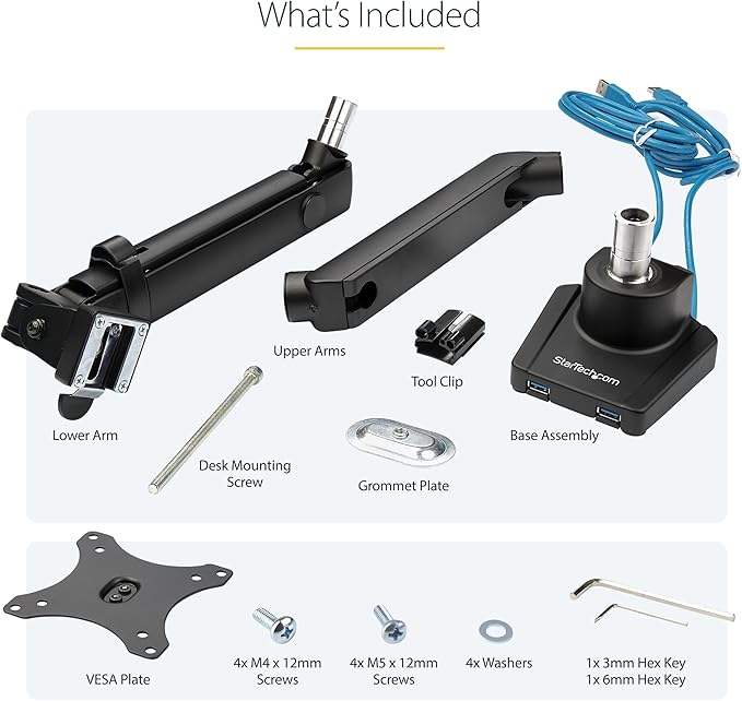 StarTech.com Desk Mount Monitor w/with 2X USB 3.0 Ports for VESA Display up to 34" (17.6lb/8kg), C-Clamp/Grommet, Mechanical Spring