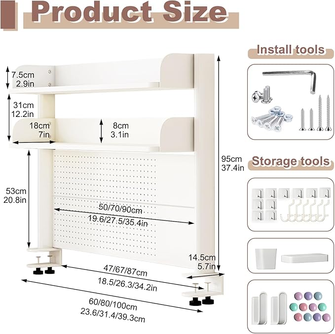 Clamp On Desk Organizer Shelf,White Desk Extender Pegboard Workstation,Computer Desk Accessories for Office, Desktop Shelving System,Desktop Bookshelf Storage Shelves for Desk,31.5in