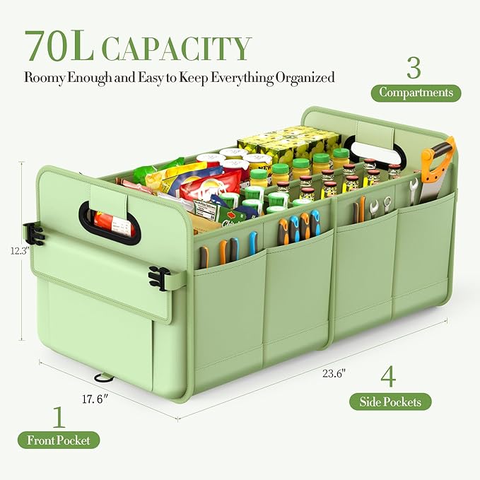 titiyiof Trunk Organizer For Suv & Sedan,Car Organizers and Storage, Waterproof Collapsible & Adjustable Straps,70L Sturdy Car Organization for Car Accessories, Tools,Sundries,2-3Compartment（Green