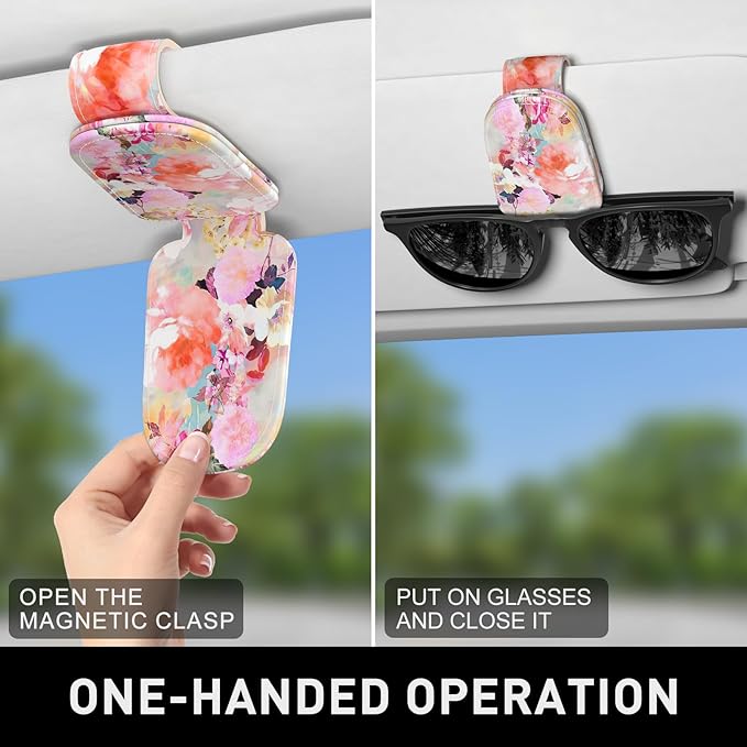 Sunglasses Holder for Car Visor, Magnetic Leather Car Sunglass Holder, Car Sun Visor Glasses Hanger Clip, Car Interior Accessories for Women Men, Fits All Size Eyeglasses