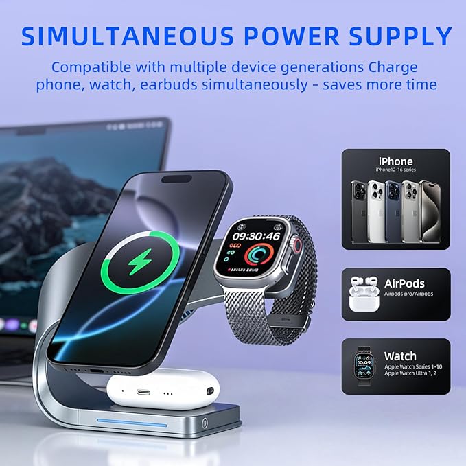 3 in 1 Wireless 15W Fast Charging Station for Apple Devices Dock for iPhone 15/14/13/12 Apple Watch Series 11/10/9/8/SE AirPods Pro 3/2 Bedside Charging Stand with Nightstand Organizer (Gray)