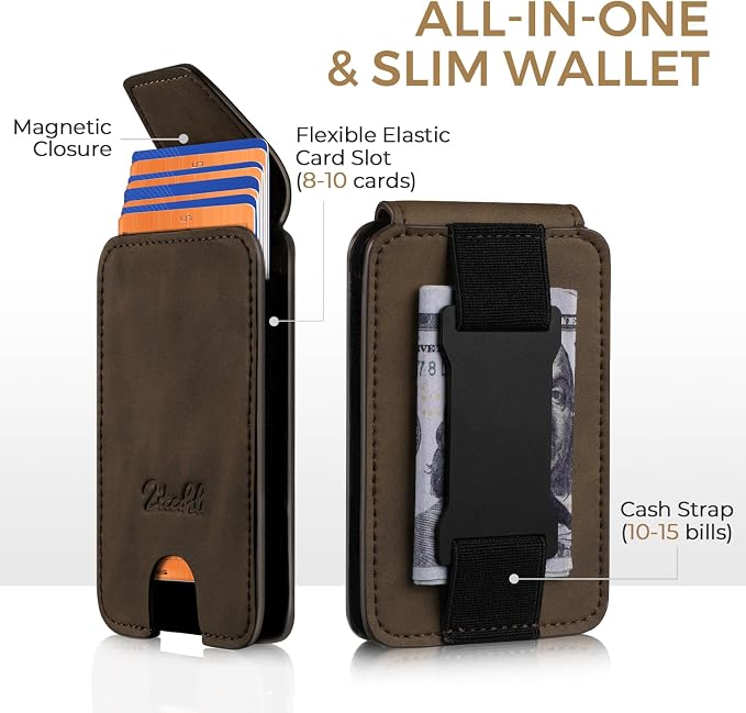 Zitahli Slim Wallet for Men Front Pocket – Thin Minimalist Credit Card Holder with Magnetic Closure & Elastic Cash Strap, RFID Blocking Wallet Holds up to 10 Cards & 15 Bills