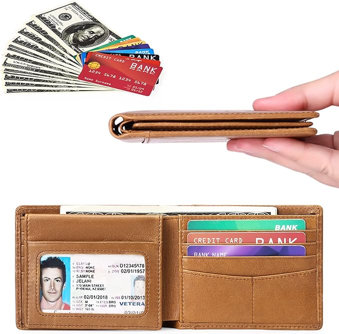 FALAN MULE Wallet for Men Genuine Leather RFID Blocking Bifold Wallet With 2 ID Windows (Khaki)