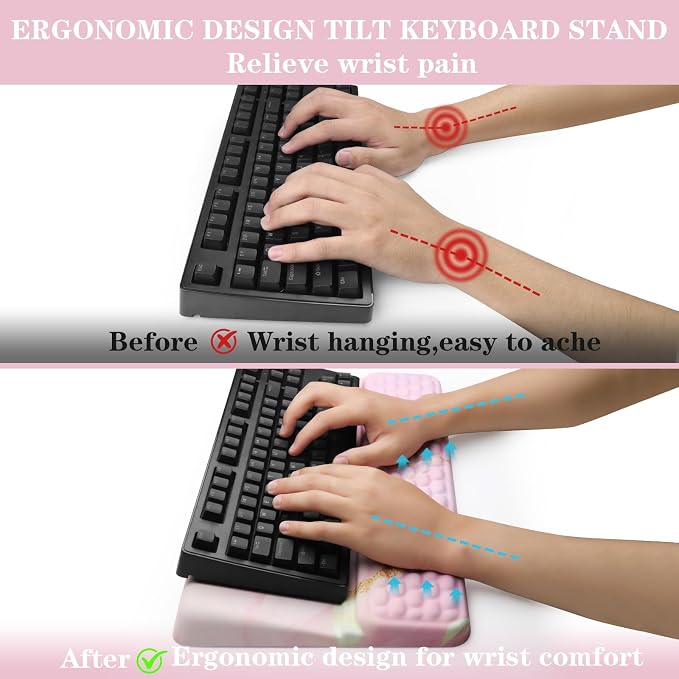 Ergonomic Keyboard Stand with Wrist Rest, Computer Wrist Support Pad, Tilted Keyboard Riser Holder Lift Tray with Wrist Pad, Easy Typing, Comfy Soft Memory Foam Desk Cushion for Office