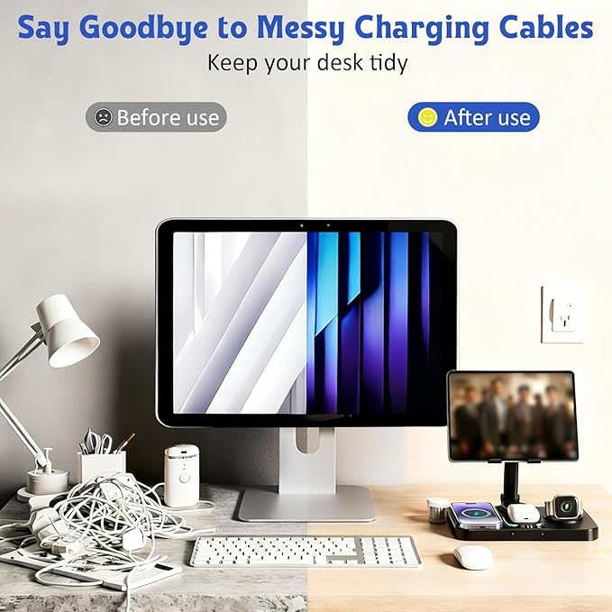 45W 6 in 1 Charging Station for Apple Multiple Devices, Wireless Charging Station with Clock & 7 RGB Light, Foldable Wired Chargers for Multiple Devices for iPhone 17/16/15, iPad, Apple Watch, AirPods