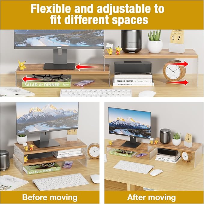 Adjustable Monitor Stand Riser with Acrylic Legs丨9.4" Wide Dual Monitor Stand for Desk丨2-Tier Wood Desktop Organizer for Computer, Laptop, Printer & PC丨Modern Aesthetic Desk Shelf(wood-glacial striae)