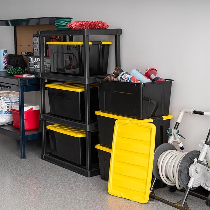 IRIS USA 72 Qt Stackable Plastic Storage Bins with Lids, 6 Pack - BPA-Free, Made in USA - Garage Organizing Solution, Latches, Durable Nestable Containers, Secure Pull Handle - Black/Yellow