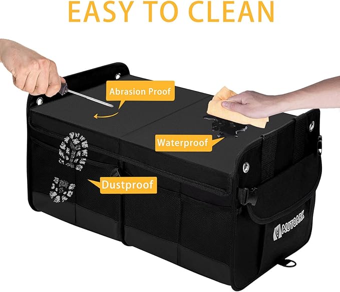 AUTOARK Multipurpose Car Trunk Organizer with Foldable Cover and Straps,Non-Slip Waterproof Bottom,Durable Collapsible Adjustable Compartments Cargo Storage,Black,AK-102
