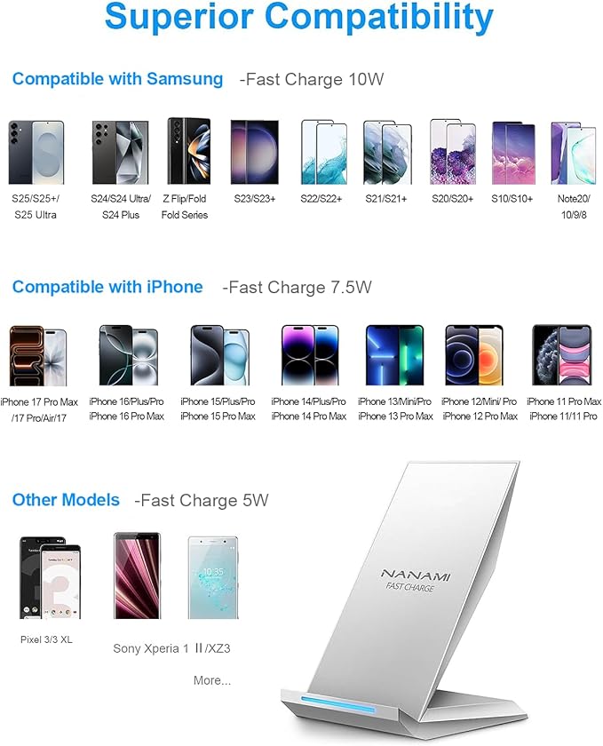 Fast Wireless Charger, NANAMI Wireless Charging Stand Compatible iPhone 17/17 Air/17 Pro/16/16 Plus/15/14/13/12, Desktop Charger Dock Phone Charging Stand for Samsung Galaxy S26/S25/S24/S23/S22/S21