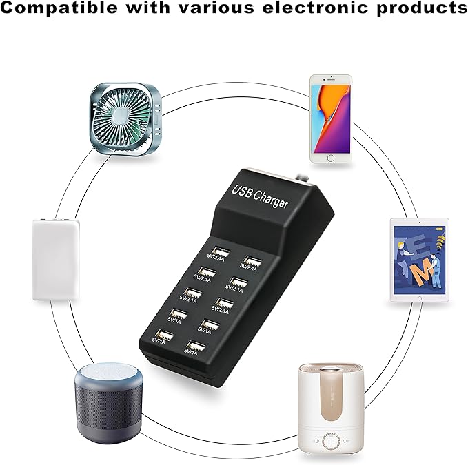 50W USB Charging Station with 10-Port Family-Sized Smart USB Ports for Multiple Devices - Smart Phone, Tablet, Laptop Computer - for iPhone 15/14/13 Black