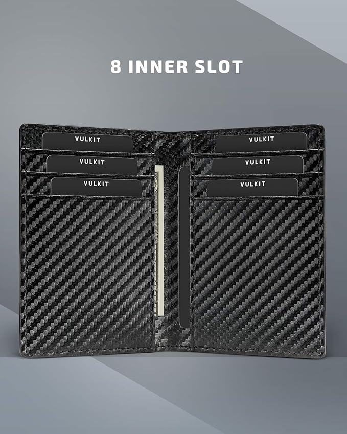 VULKIT Bifold Front Pocket Slim Wallet RFID Blocking Minimalist Thin Leather Credit Card Holder Wallet for Men and Women Carbon Fiber