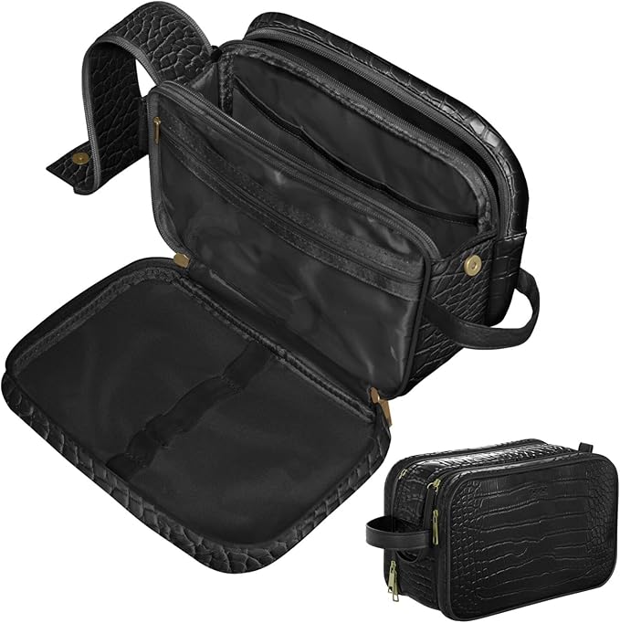 Dot&Dot Leather Toiletry Bag for Men Women - Spacious Womens Mens Toiletry Travel Toiletries Bags (Black Croc)