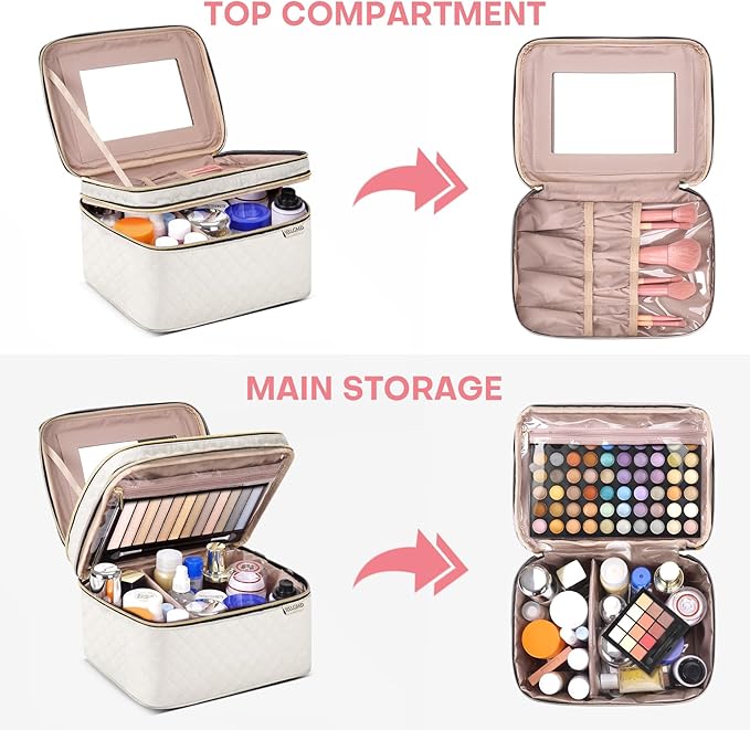 HXLGMD Large Makeup Bag with Mirror Double Layer Travel Make Up Organizer Case, Large Capacity Coemetic with Brush Slot Divider, Travel Toiletry Bag for Women - White/Beige
