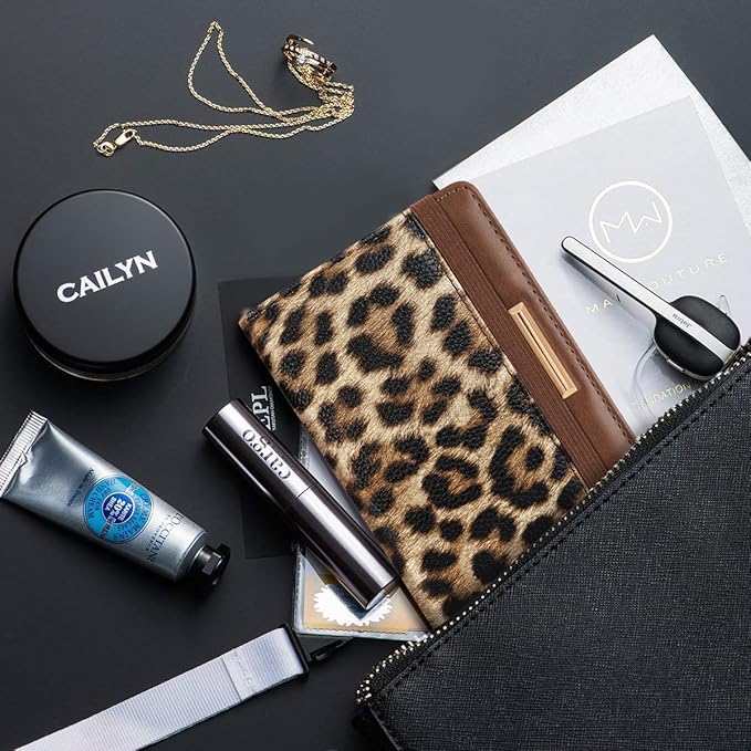 Women's Leopard Print Passport Holder Cover with RFID Protection, 4 Card Slots, 1 Cash Holder, 1 Boarding Pass Holder