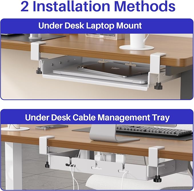 BYMECOST No Drill Under Desk Storage Shelf, Metal Under Desk Drawer Organizer with Clamp, Mount Under Desk Shelf Adds Tray, Desk Drawer for Office Desks, Table, Gaming Desk, Workstations (White)