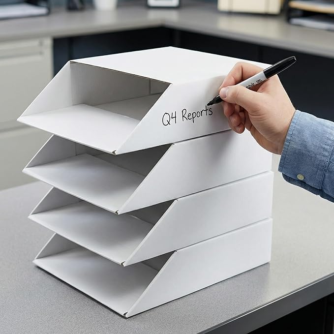EXYGLO 30 Pack Stackable Cardboard Desk Organizer Trays, Desktop Letter Tray for Document File Mail Storage, White, 12x9x3 Inch