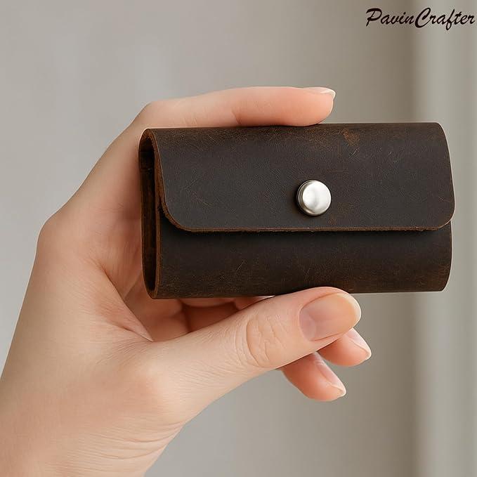 Leather Key Sleeve Brown Genuine Leather Key Holder with Ring, Compact Key Organizer for Men & Women