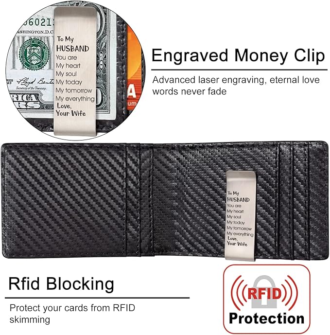 kullder Personalized Engraved Mens Wallet - Slim Bifold with Clip | Husband Gift for Him | RFID Card Holder