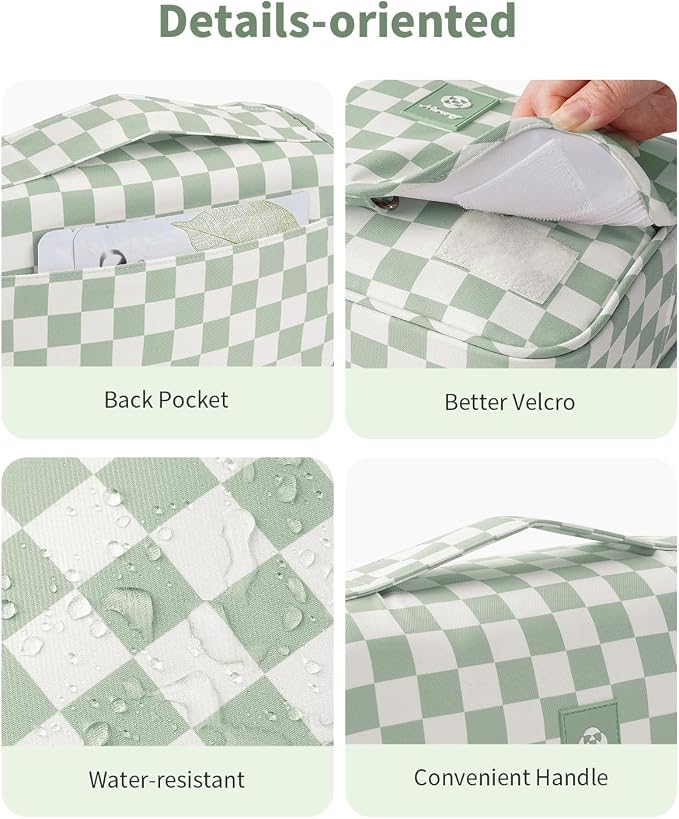 Narwey Small Hanging Travel Toiletry Bag for Traveling Women, Checkered Travel Bag for Toiletries, Makeup Bag Organizer Make Up Cosmetic Bags, Gifts for Kids Teen Girls (Mint Green Checkerboard)