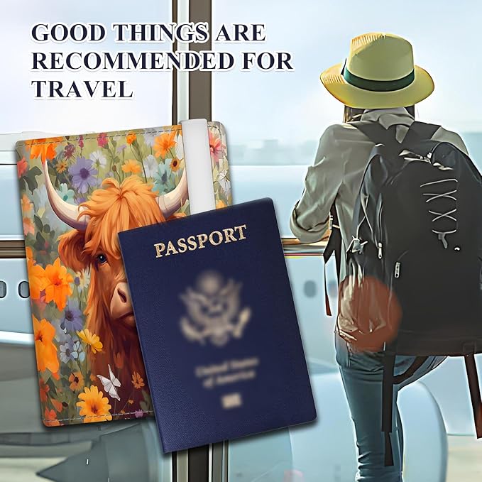 Passport Holder for Travel Essentials, RFID Premium Leather Passport Wallet Cover Case for Travel Must Haves Accessories, Passport Book Holders for Women Men Cute Flower Cows