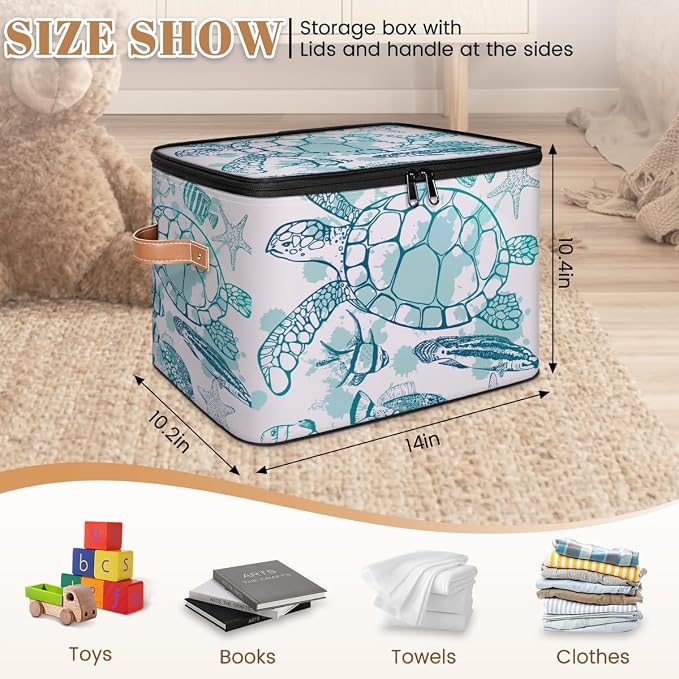 Sea Turtle Storage Basket for Bedroom Kitchen Bathroom Storage Bins with Lids Collapsible Toy Cube Storage Organizer for Kid Teen Women Men