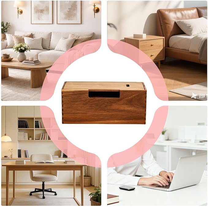 Cable Management Box – Wooden Desktop Organizer Case, Ventilated Cord Storage Container | Extension Cord Concealer Design, Home Office Wire Hiding Solution for Clean Work-Space Use