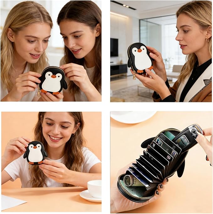 Novel and Interesting Cute Cartoon Penguin-shaped Coin Purse PU Leather Accordion Card Holder Large Capacity Zippered Money and Card Organizer Portable Mini Pocket Coin Purse Key Pouch (black)