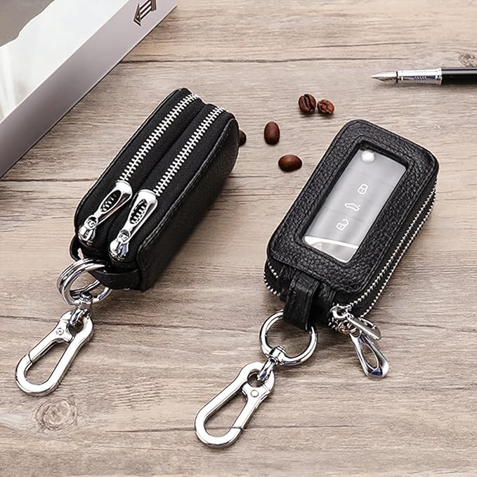 BELOMI Car Key Fob Case, Genuine Leather Remote Keychain Bag with Lanyard and Zipper Closure, Key Protection Cover for Men Women (Black)