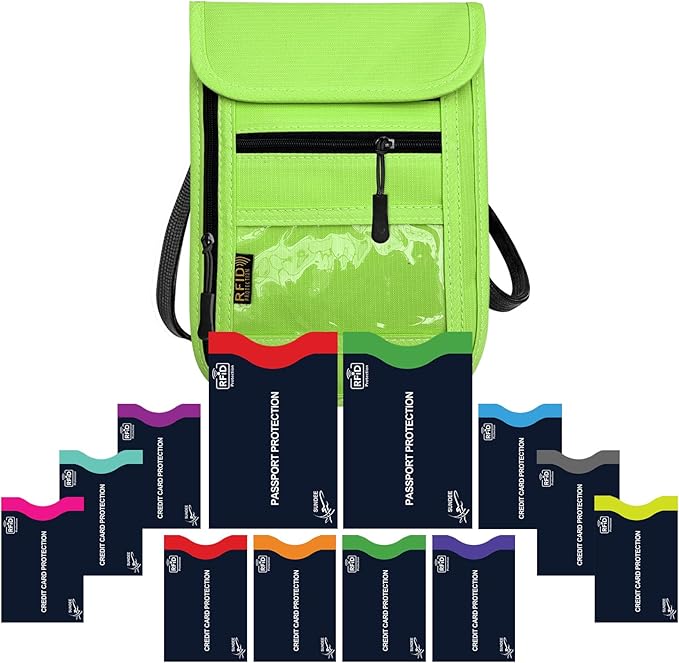 Travel Neck Wallet & RFID Blocking Sleeves for Men and Women, Neck Money Pouch Anti Theft Travel Document Organizer with Adjustable Strap - Green