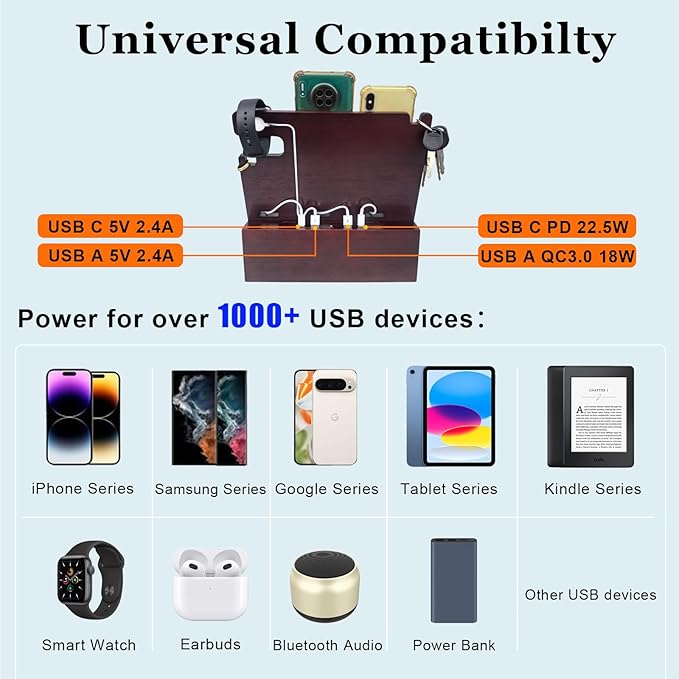 Wood Phone Docking Station with Drawer Built in 4 USB Charger, Nightstand Organizer with Dual Phone Charging Station for Apple Android Phones Anniversary Birthday Gifts for Men Dad Hunsband Mom