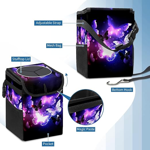 Purple Butterfly Trash Can With Lid - Collapsible Reusable Waterproof Car Garage Bag, Automotive Garbage Can, Accessories Interior Organizer