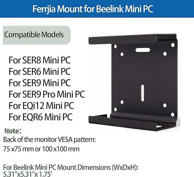 Metal Mini PC Mount Compatible with Beelink SER8, SER6, SER9, SER9 Pro, EQi12, EQR6, Beelink Mini PC Vesa Mount, Wall Mount Under Desk Mount, Only for SER8, SER6, SER9, SER9 Pro, EQi12, EQR6