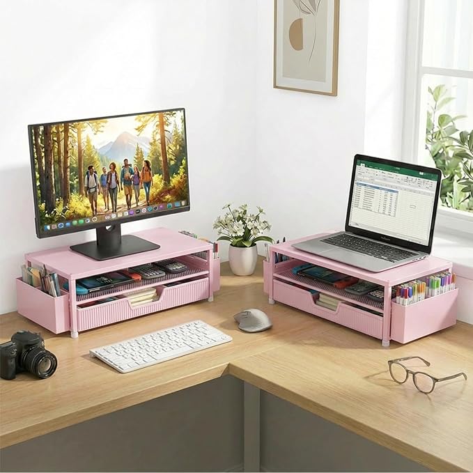 ECOLOVI Desk Organizer and Accessories, 2-Tier Computer Monitor Stand Rise with Storage Drawer & 2 Pen Holders, Laptop & Printer Stand for Desktop, Workspace Organizers for Office Supplies (Pink)
