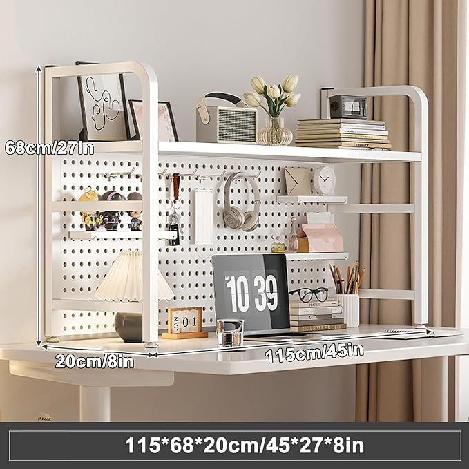 Desk Extender, Desk Organizer Shelf, Peg Doard Display Stan, Load Bearing Capacity 50kg/110lb, Desk Extender Pegboard Workstation, for Table Accessories(White,115x68x20cm/45x27x8in)