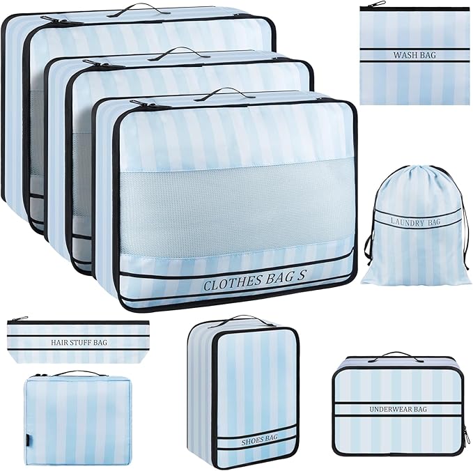 9 Set Packing Cubes Luggage Packing Organizers for Travel Accessories Space Saving Travel Bags for Carry On, Lightweight Mesh Zipper, Clothes, Shoes, Laundry and Shoe Bag (Blue Streak)