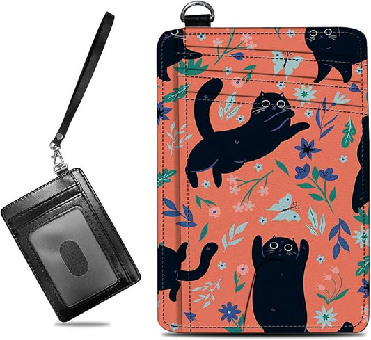 Small Travel Wallets, Black Cat Flowers Slim Minimalist Front Pocket Wallet with Wristlet, RFID Blocking PU Leather Credit Card Holder with ID Window Change Purse for Men Women