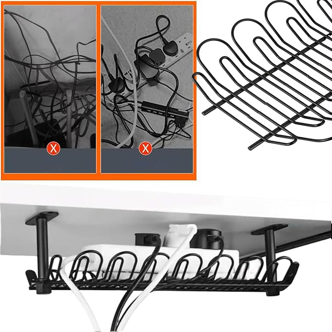 1 Pack Cable Management Tray, 14 Inches Under Desk Cable Holder for Wire Organization, Heavy Metal Cord Organizer Ideal for Computer Home Office Standing Desks to Hide Power Strips (Black)