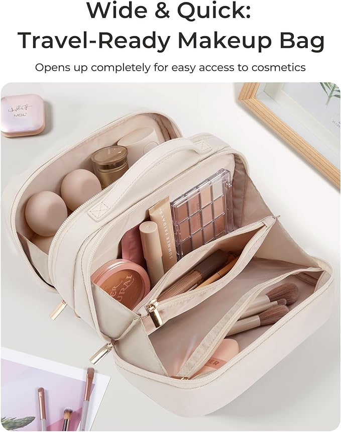 BAGSMART Travel Makeup Bag Large Capacity Cosmetic Bag, Wide-open Portable Make Up Bag Organizer for Women for Travel Essentials Travel-Size Toiletries Accessories Bottles, Brushes (Warm Gray)
