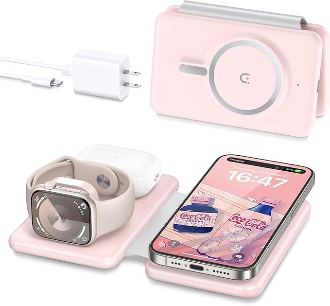 3 in 1 Wireless Charging Station for iPhone 17 16 15 14 13 12 Pro Max Plus – Foldable Magnetic Charger Pad for Apple Watch Series & AirPods – Fast Wireless Charging Dock for Travel & Home