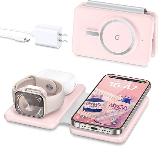 3 in 1 Wireless Charging Station for iPhone 17 16 15 14 13 12 Pro Max Plus – Foldable Magnetic Charger Pad for Apple Watch Series & AirPods – Fast Wireless Charging Dock for Travel & Home