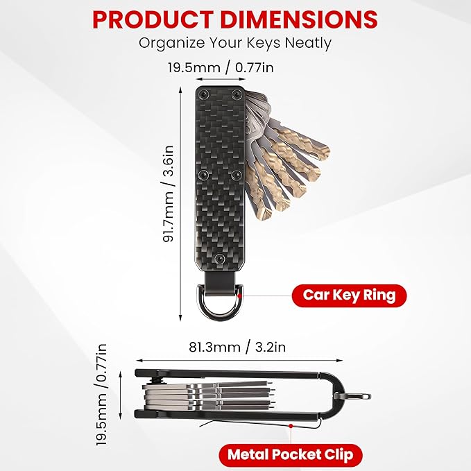 Key Organizer – Minimalist Metal Key Holder for 1-5 Keys, Compact Keychain with Clip, Noiseless & Sleek Design for Men and Women (Carbon Fiber)