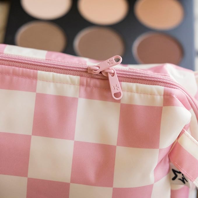 Tiny Twinkle Waterproof Travel Toiletry & Makeup Bag Organizer | Makeup Pouch with Multiple Compartments & Snap Handle for Travel | Gift for Teen Girls and Women（Pink Checkers