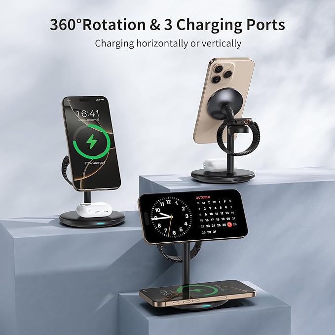 3 in 1 Wireless Charging Station for Apple Devices with MagSafe Charger, Wireless Charger Station for iPhone 17/16/15/14/13/12 Pro Max Air Plus Mini,Wireless Charging for iWatch&AirPods(20W Adapter)