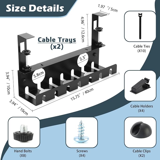 Under Desk Cable Management Tray 2 Pack Black, No Drill Cord Organizer with Clamp for Wire Management, Home & Office Accessories