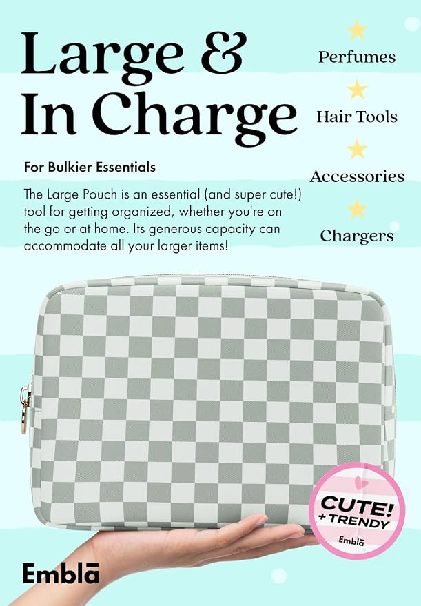 Embla Makeup Bag Travel Cosmetics Pouch and Toiletry Bag, Nylon Zipper Pouch Purse, Cute Make Up Organizer Storage Tote for Women Girls, Travel Skincare Case, Large Makeup Case, Mint Green Checkered