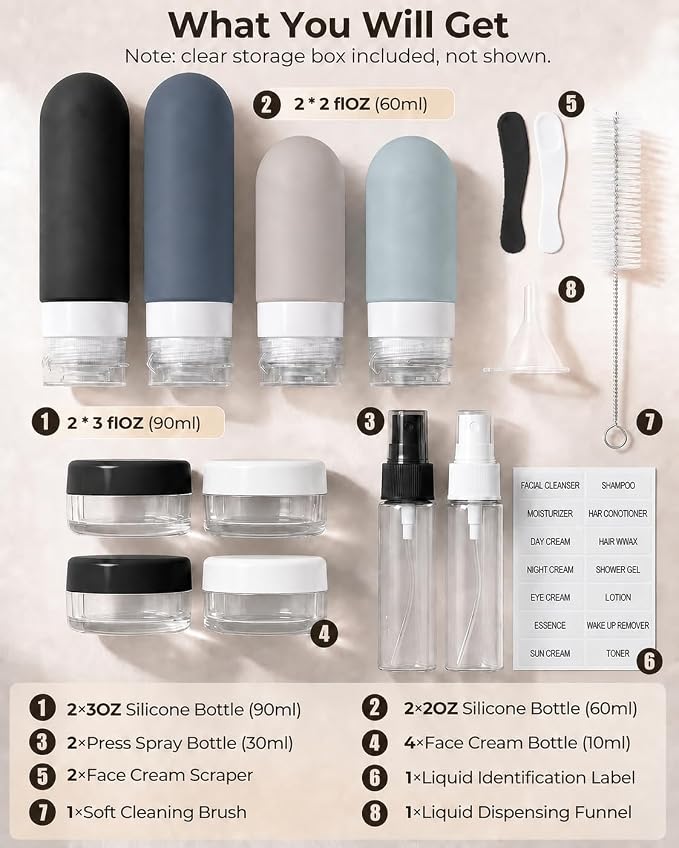 17 Pack Travel Bottles for Toiletries, TSA Approved Leak Proof Silicone Travel Containers for Toiletries with Label-Black+DarkBlue+ DarkGreen+Khaki